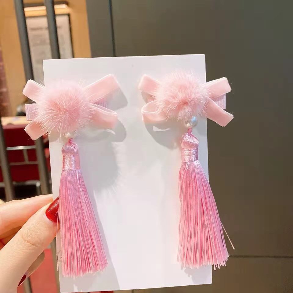 Little Red Hair Ball Chinese Knot Little Girl Cute Antique Fringe Hairball Rabbit Ear Hair Clip Children's Hanfu Headwear Windcard Hairpin Hairpin Headwear Aushanie 057 Specification drawing
