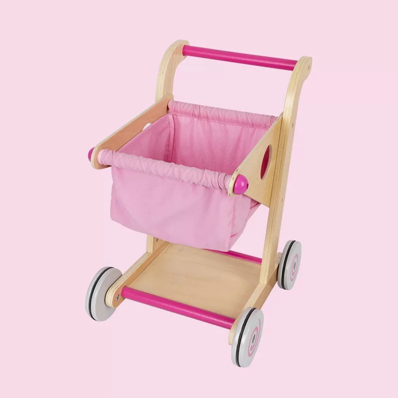 木制儿童购物车玩具男孩女孩仿真超市推车过家家厨房玩具套装 粉色款图