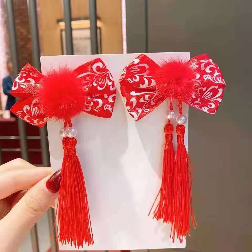 Red printed style, cute little girl, ancient and elegant Su Miaoqiu, Chinese red hair clips, children's Hanfu headwear, wind hair clips, hair accessories, hair clips, headwear, Oushangni 003, direct supply at discounted price