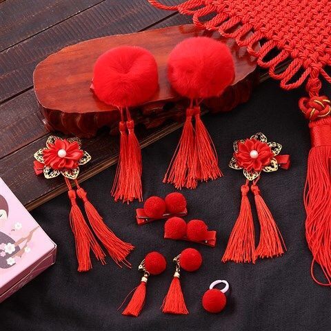 Red 9-Piece Set For Little Girl Cute Antique Fringe Hairball Rabbit Ears Hair Clip Children's Hanfu Headwear Hair Card Hairpin Hairpin Headwear Aushanie 052 Discount Direct Supply