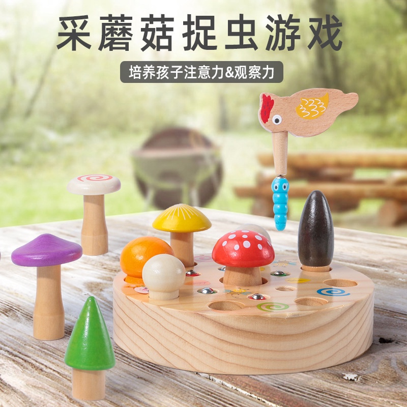 Wooden toys for boys and girls, wooden fishing games, early education and intelligence, children, birds catching insects, feeding, magnetic play