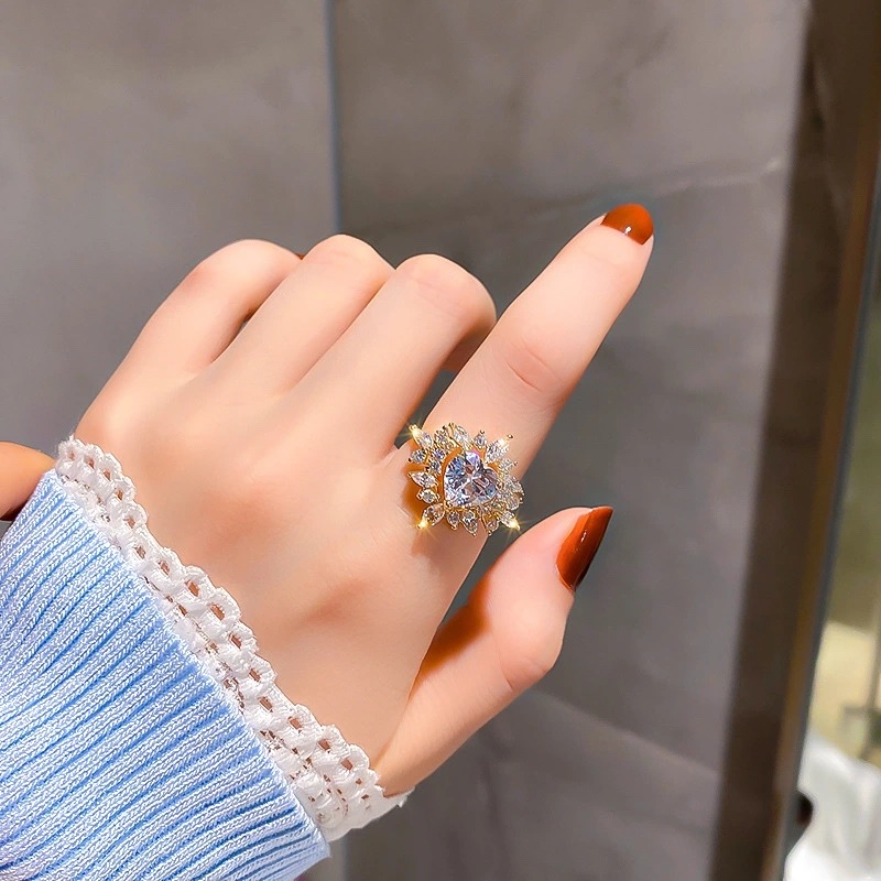 Ins-style heart zircon flower open ring, retro court style princess charm ring, fashionable index finger ring for girls details Picture