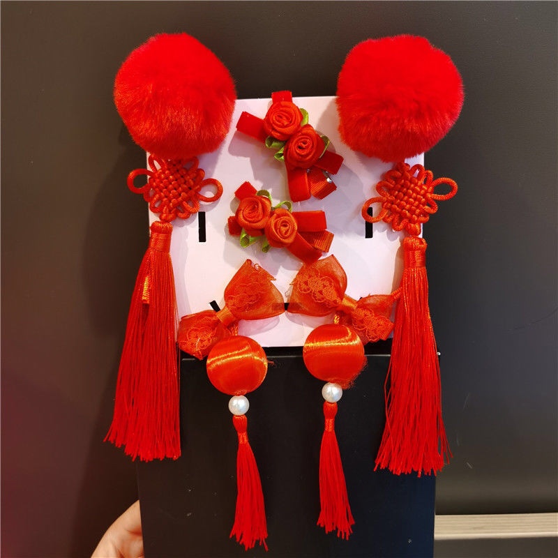 Rose Red 9-Piece Set For Little Girl Cute Antique Fringe Hairball Rabbit Ears Hair Clip Children Hanfu Headwear Hair Card Hairpin Hairpin Headwear Aushanie 054 Discount Direct Supply details Picture