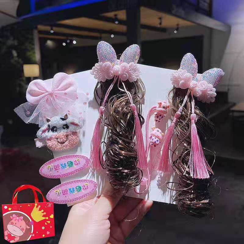 Velvet bow bell style, cute little girl, ancient-style tassel ball, rabbit ear hair clip, children's Hanfu headwear, hair clip, hair accessory, hair clip headwear, Oushangni 015 discount direct supply details Picture