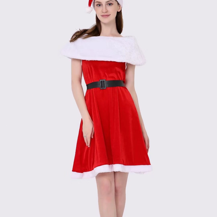 圣诞女裙披肩金丝绒圣诞女装裙白毛披肩女郎腰带连衣裙