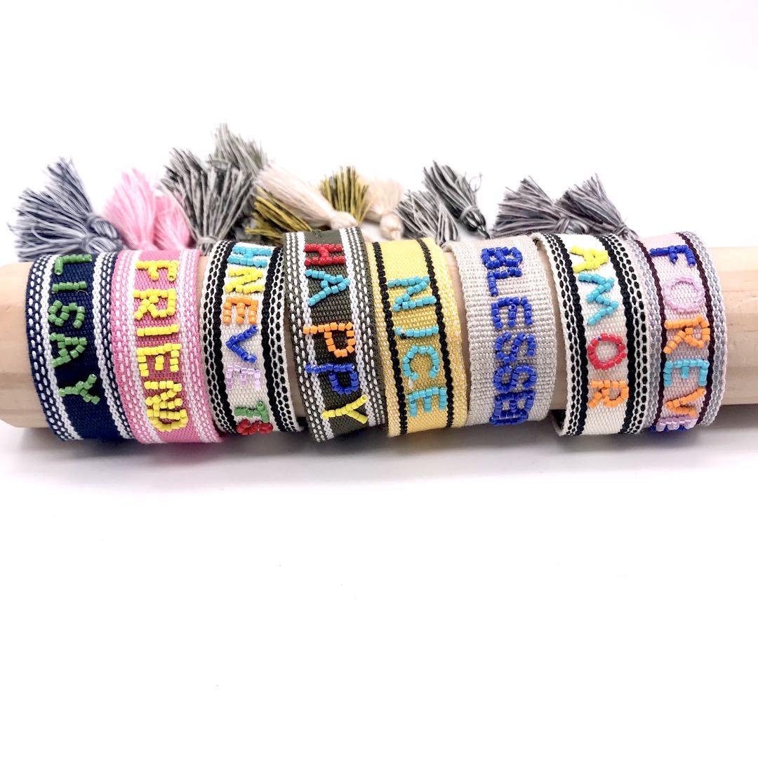 Factory direct sales, cross-border European and American ethnic style hand-embroidered imported rice beads, customizable letter ribbon tassel wristbands detail image 2