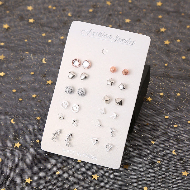 【12 pairs 】 Simple temperament earrings Female students creative small earrings personality matching earrings set 9