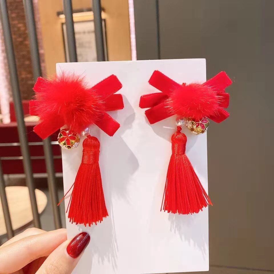 Velvet bow bell style, cute little girl, ancient-style tassel ball, rabbit ear hair clip, children's Hanfu headwear, hair clip, hair accessory, hair clip headwear, Oushangni 015 discount direct supply