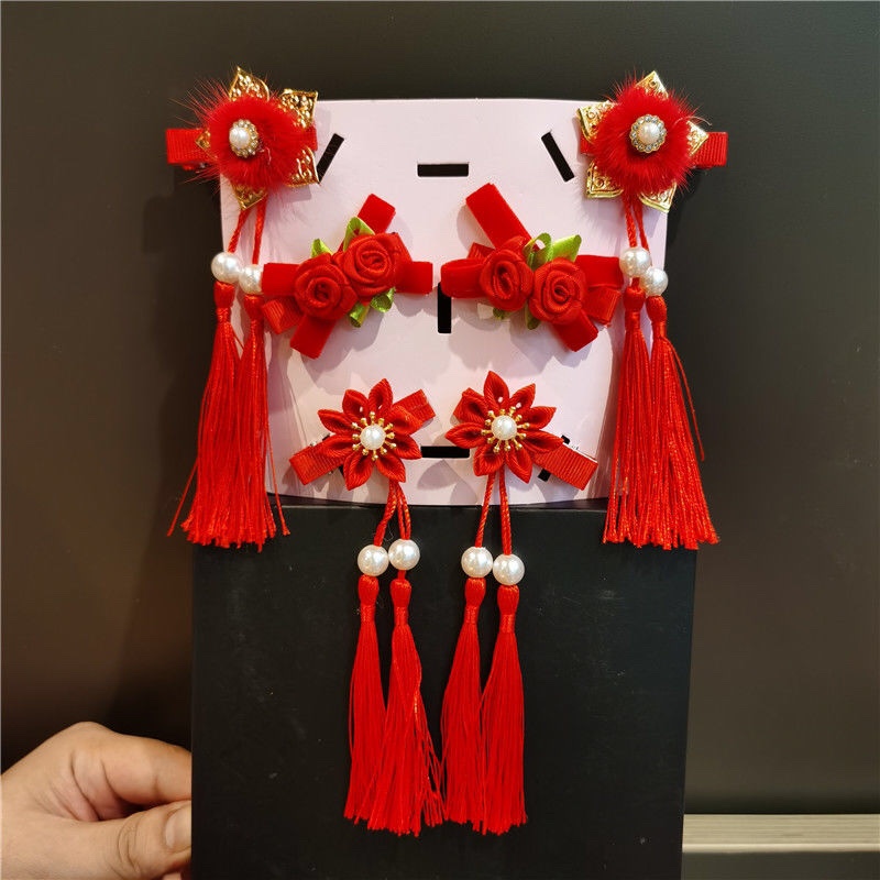 Pink 9-Piece Set For Little Girl Cute Antique Fringe Hairball Rabbit Ears Hair Clip Children's Hanfu Headwear Hair Card Hairpin Hairpin Headwear Aushanie 053 Discount Direct Supply details Picture