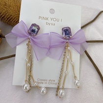 Go on vacation! Block glass purple bow retro niche design sense long earrings hipster girl
