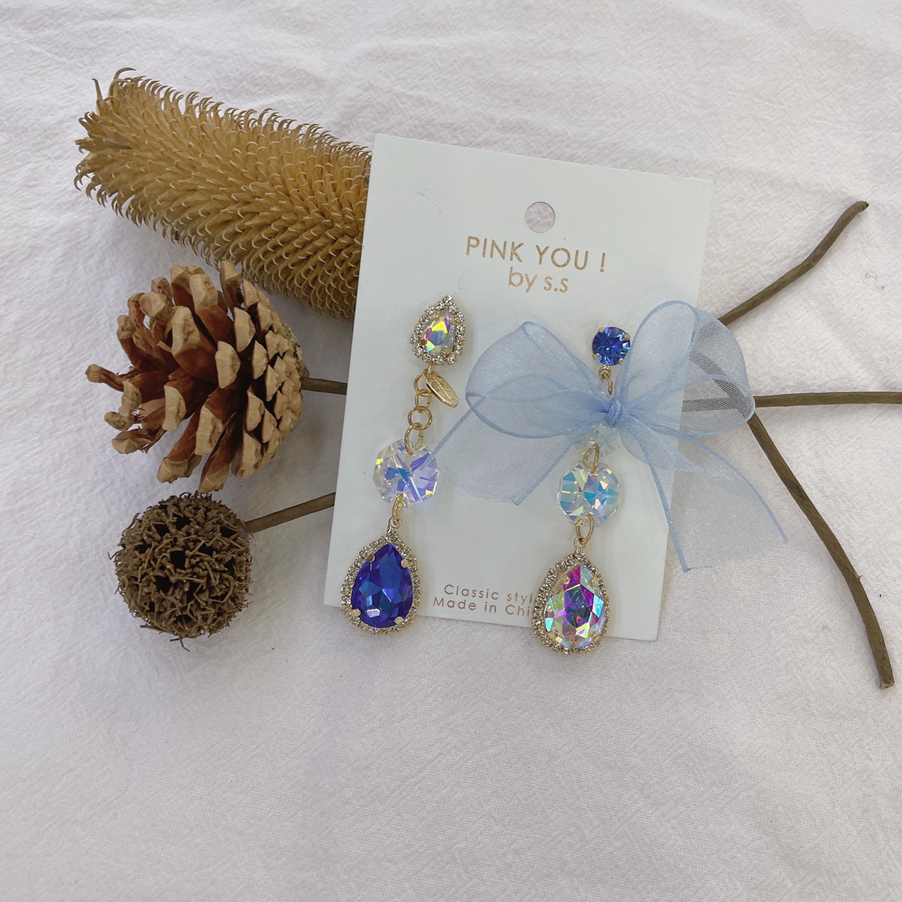 Go on vacation! Blue AB version of glass zircon retro niche design sense long earrings hipster girl