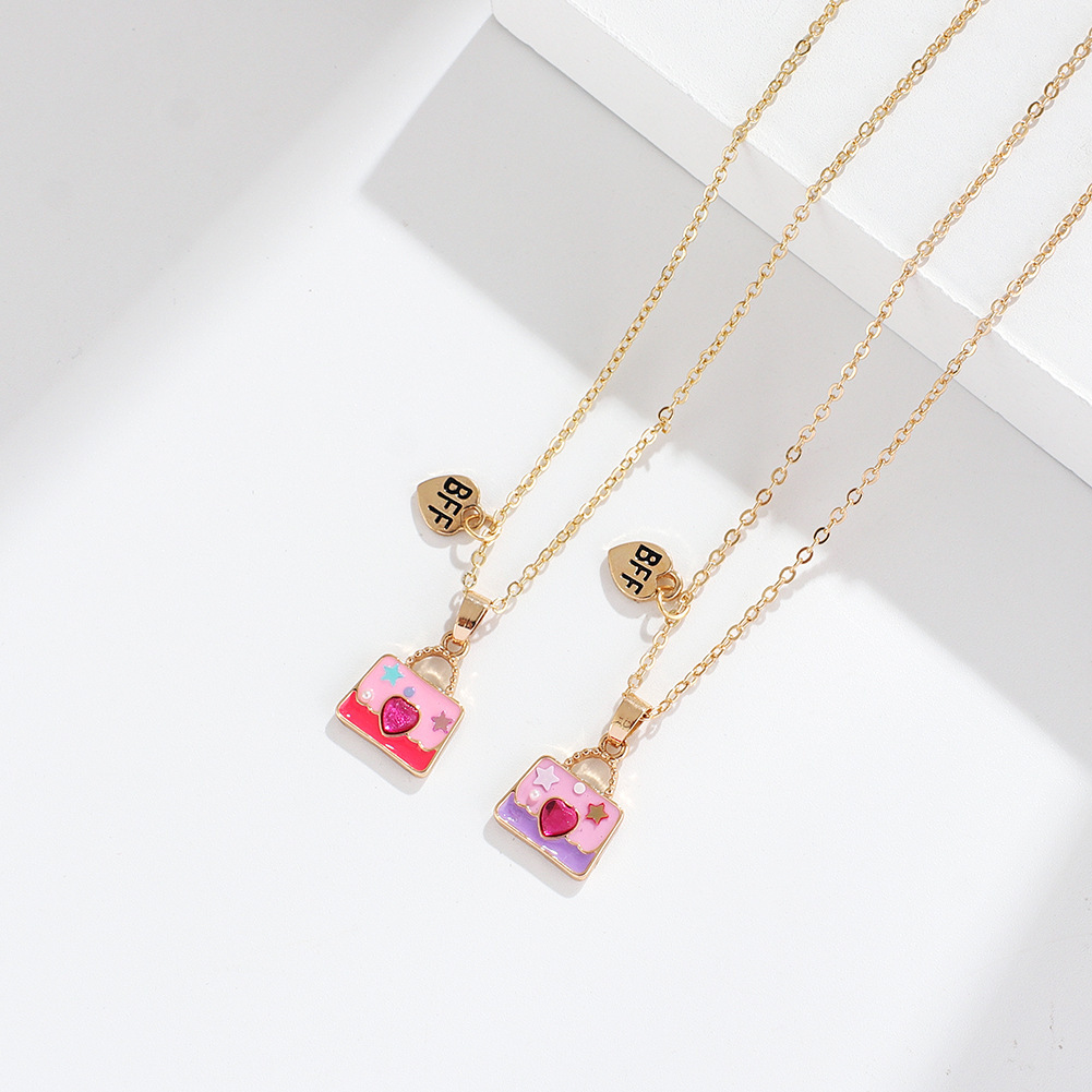 2021 New Children's Good Friend Necklace Set, alloy oil Drip Heart Pink small shoulder bag, children's accessories, European and American