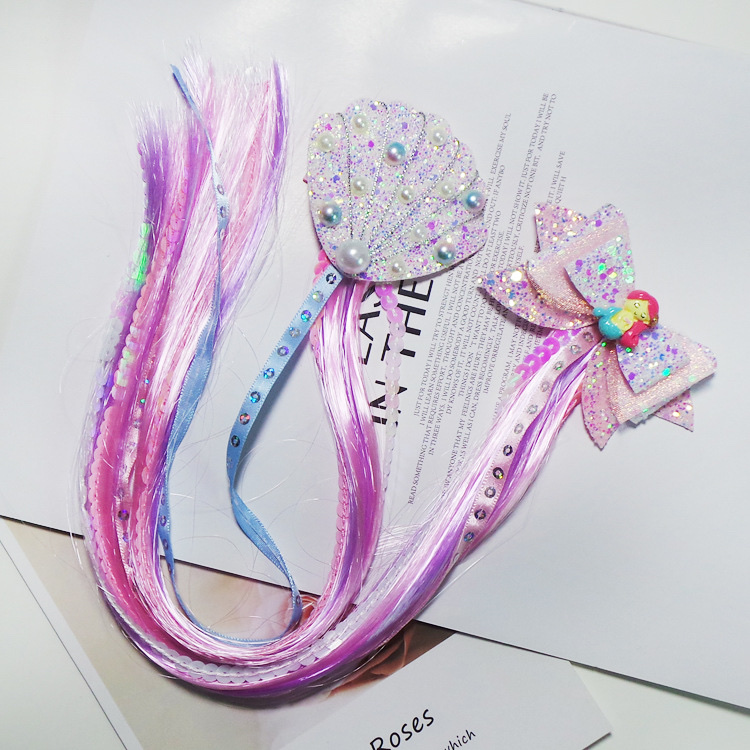 W22 Star Crown Princess Children's Wig Hair Clip, Cute and Adorable headwear, Cute Rainbow Wings Unicorn Five-pointed Star Mesh Bow Wig Hair clip, Girl Princess Trendy Girl wig with braid Hair band Headwear detail image 4