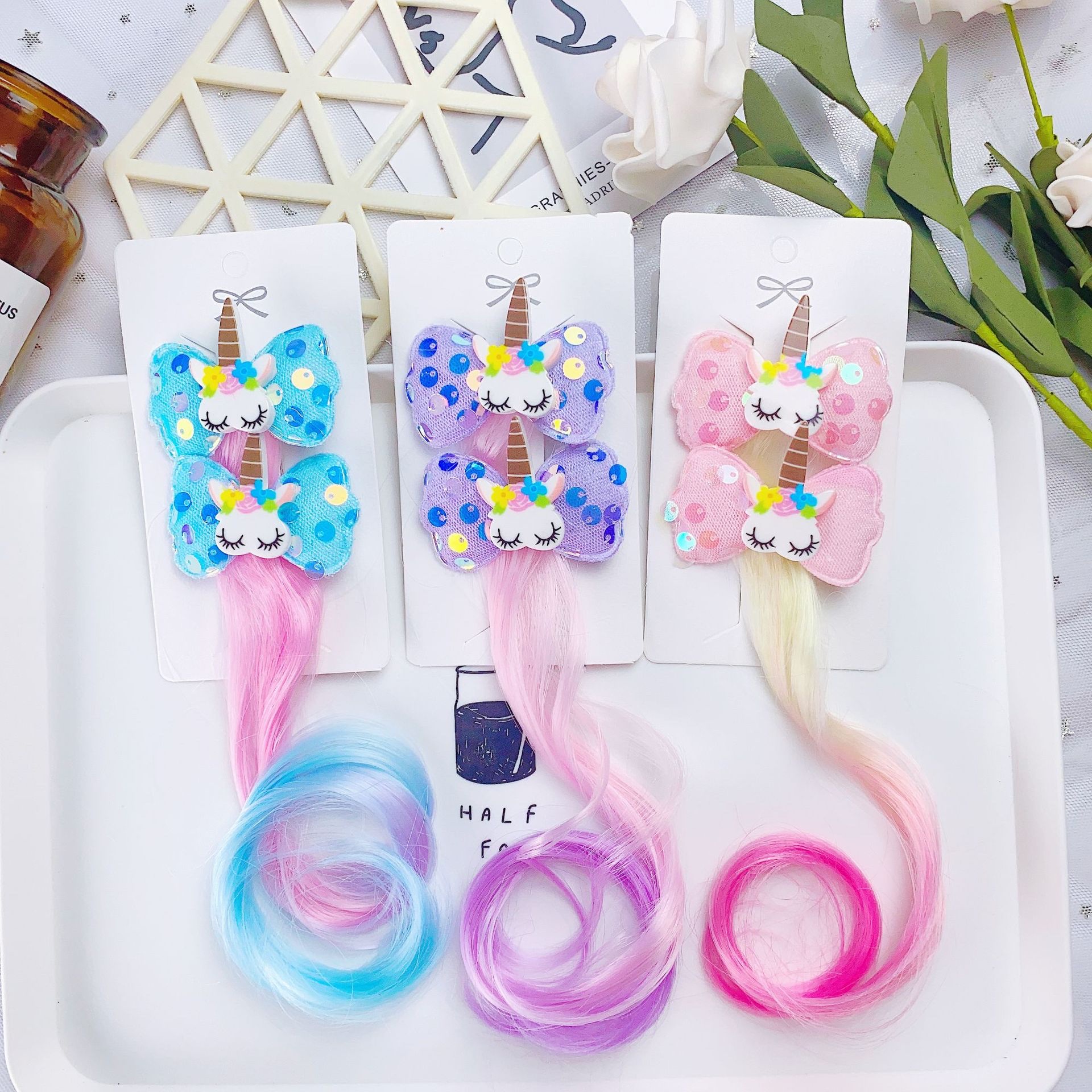 W15 Princess Children's wig hairpin, cute and adorable headwear, rainbow wings, unicorn, five-pointed star, mesh, bow, wig hairpin, girl, princess, trendy girl, wig with braid, hair band headwear details Picture