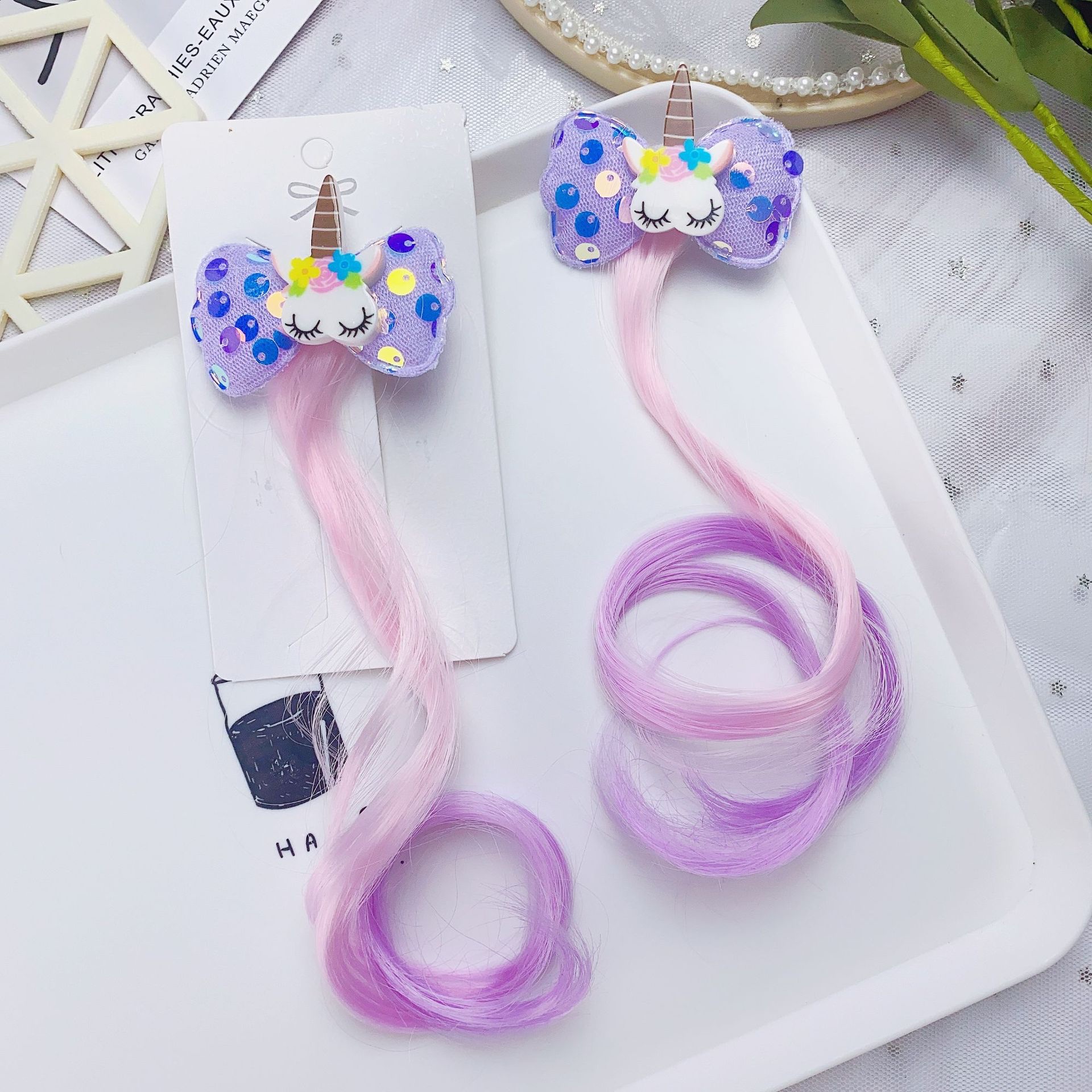 W10 Princess Children's wig hairpin, cute and adorable headwear, rainbow wings, unicorn, five-pointed star, mesh, bow, wig hairpin, girl, princess, trendy girl, wig with braid, hair band headwear detail image 8