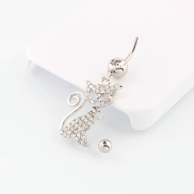 佳倩Body piercing欧美韩版医用不锈钢脐环猫咪吊坠脐环白底实物图
