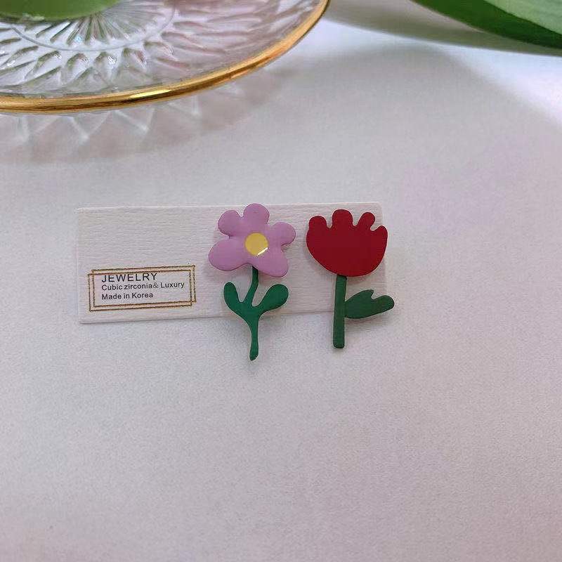 红色樱桃+不对称花朵耳钉~甜美可爱小清新2021年夏季新款耳环女潮细节图