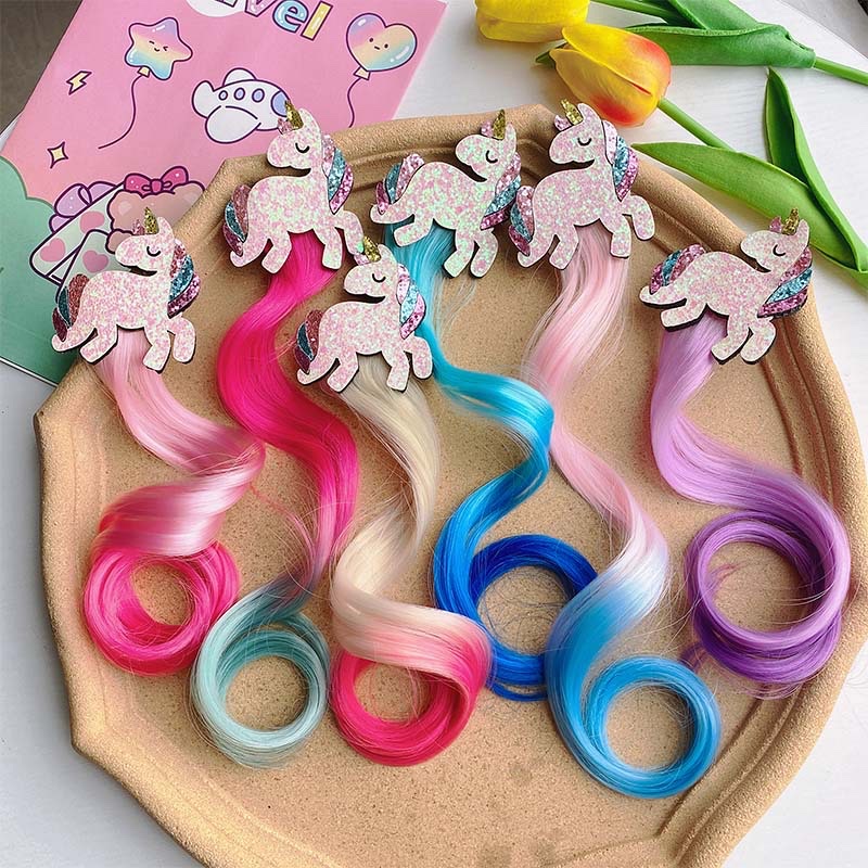 W15 Princess Children's wig hairpin, cute and adorable headwear, rainbow wings, unicorn, five-pointed star, mesh, bow, wig hairpin, girl, princess, trendy girl, wig with braid, hair band headwear detail image 3