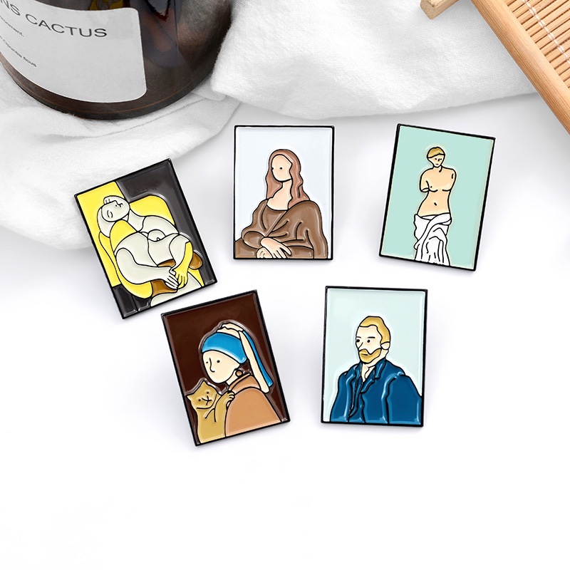 Cartoon high-end brooch Mona Lisa Van Gogh oil painting badge personality everything with lapels