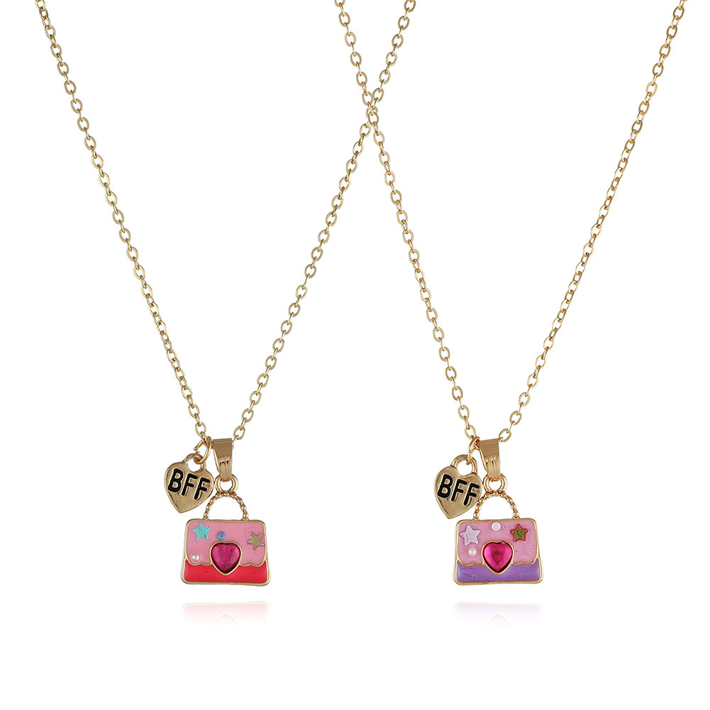 2021 New Children's Good Friend Necklace Set, Alloy oil-dripping Heart Pink Small Shoulder Bag, Children's accessories, European and American style 2