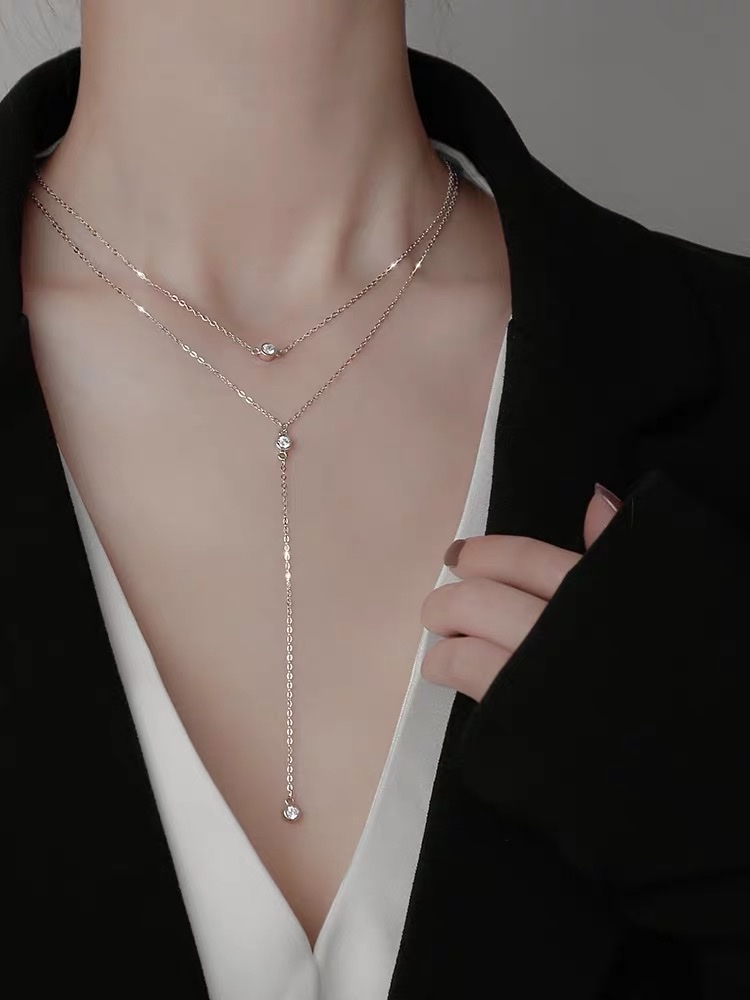 Double-layer titanium steel necklace for women, long style, Japanese and Korean style details Picture