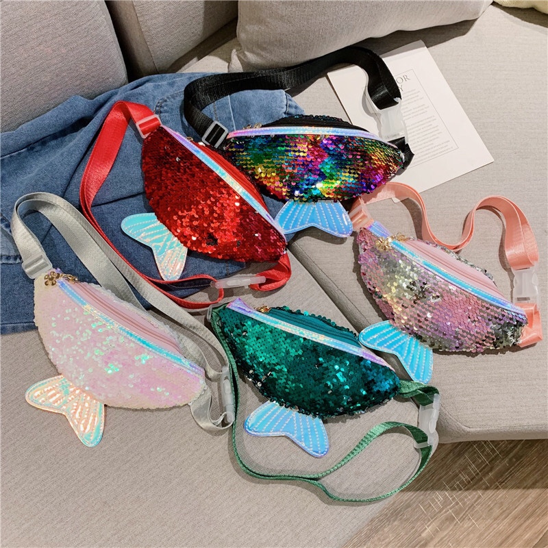 Korean version of the new summer children's bag single shoulder fishtail bag sequin mini crossbody bag fashion accessory bag for boys and girls