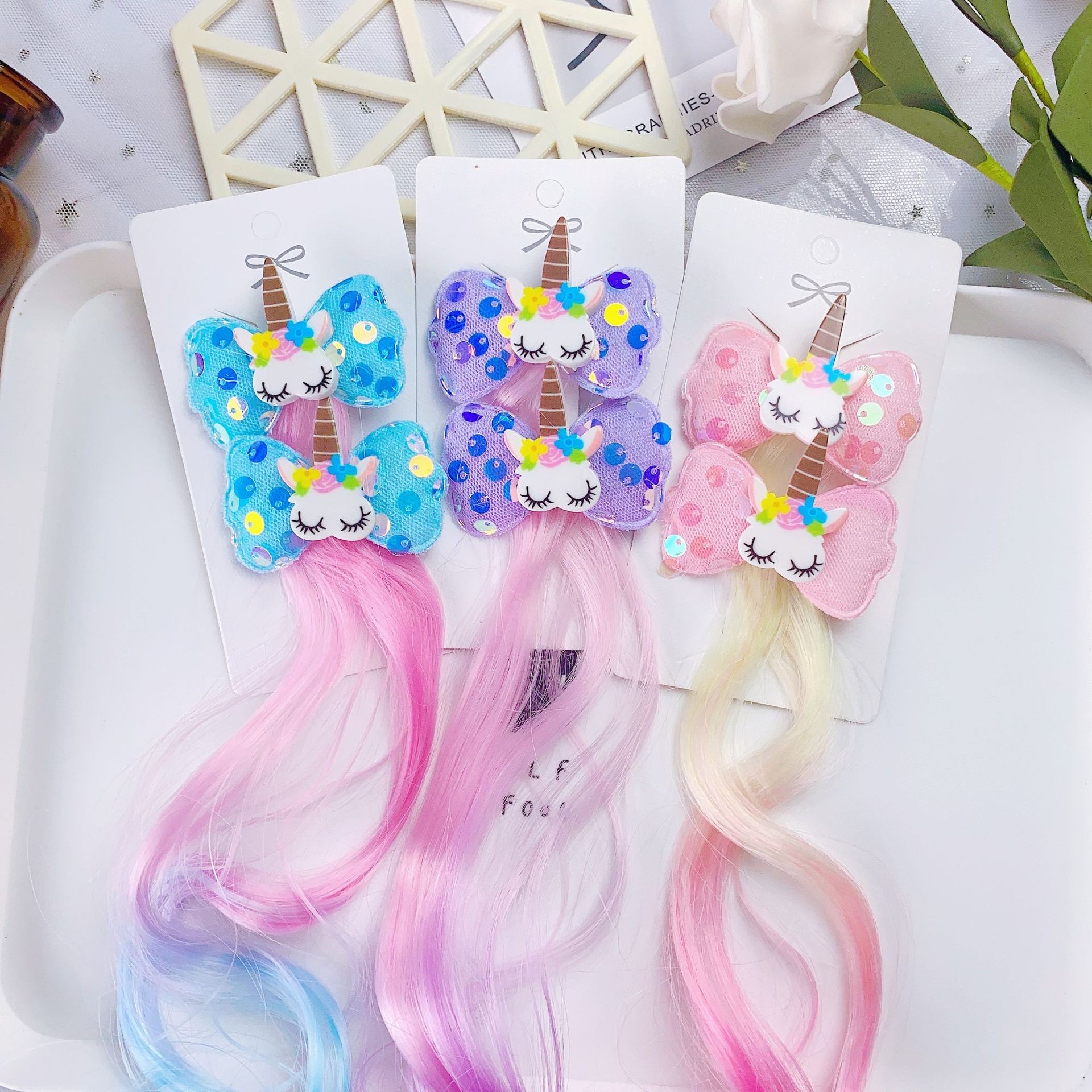 W15 Princess Children's wig hairpin, cute and adorable headwear, rainbow wings, unicorn, five-pointed star, mesh, bow, wig hairpin, girl, princess, trendy girl, wig with braid, hair band headwear Specification image
