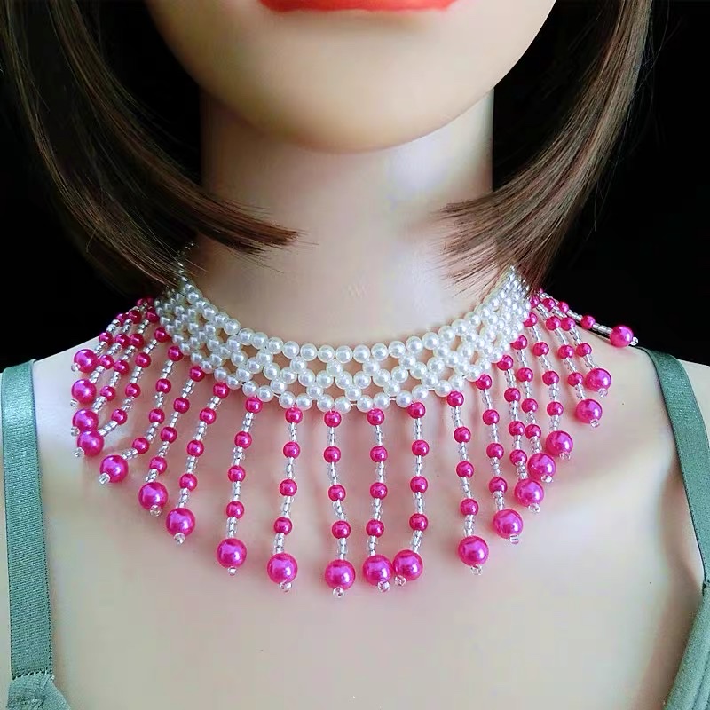 欧美夸张仿珍珠流苏项链女脖子饰品奢华小众设计锁骨链毛衣颈脖链细节图