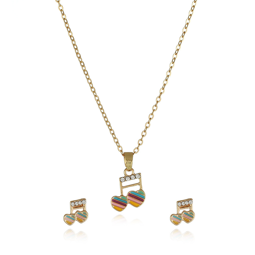 2021 New Girl Alloy Painting Oil Girl Necklace Stud Earrings Set Cute Note Kids Jewelry Set 1
