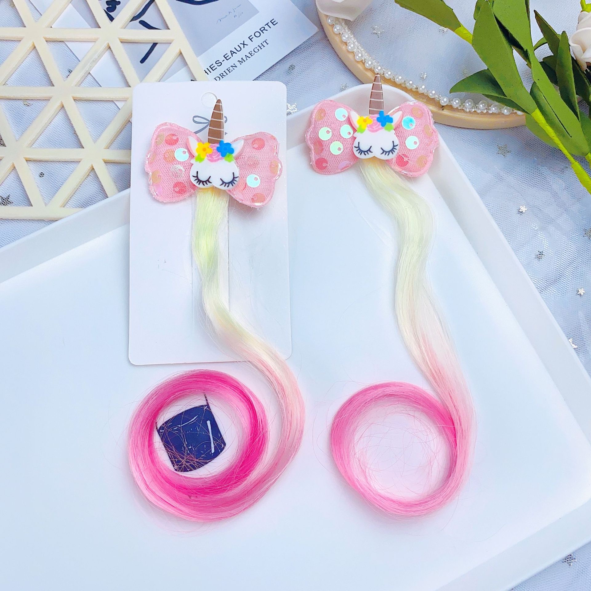 W10 Princess Children's wig hairpin, cute and adorable headwear, rainbow wings, unicorn, five-pointed star, mesh, bow, wig hairpin, girl, princess, trendy girl, wig with braid, hair band headwear detail image 10