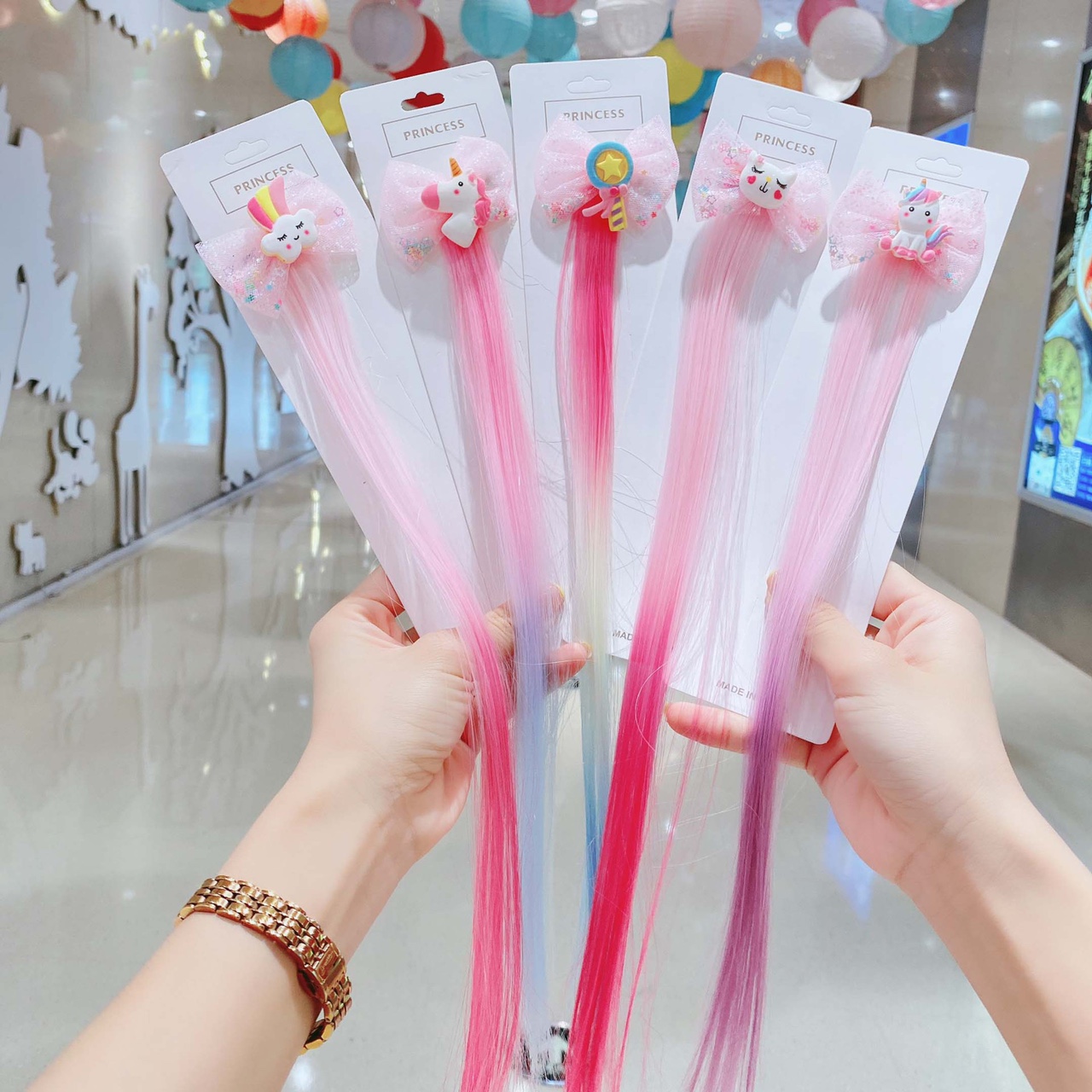 W21 Star Crown Princess Children's Wig Hair Clip, Cute and Adorable headwear, Cute Rainbow Wings Unicorn Five-pointed Star Mesh Bow Wig Hair clip, Girl Princess Trendy Girl wig with braid Hair band Headwear