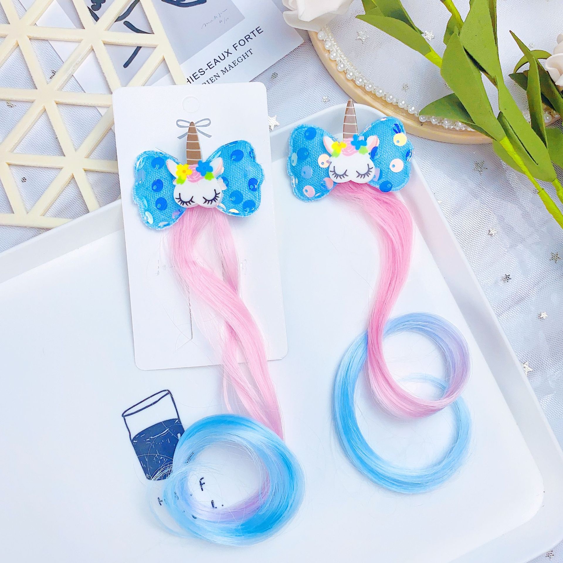 W15 Princess Children's wig hairpin, cute and adorable headwear, rainbow wings, unicorn, five-pointed star, mesh, bow, wig hairpin, girl, princess, trendy girl, wig with braid, hair band headwear Application Scenario