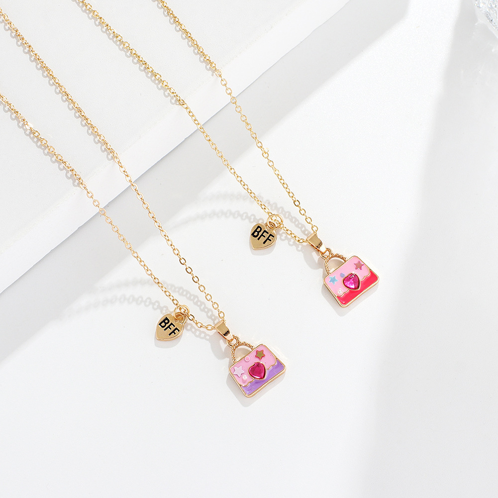 2021 New Children's Good Friend Necklace Set, Alloy oil-dripping Heart Pink Small Shoulder Bag, children's accessories, Europe and America 1