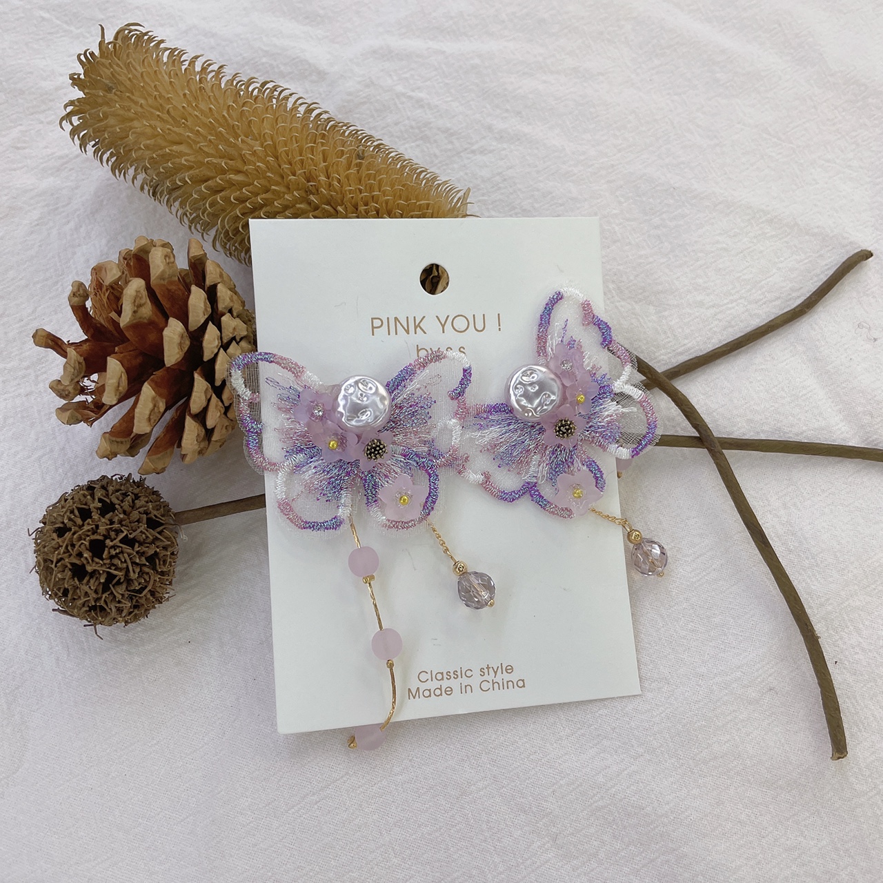 Go on vacation! Purple butterfly Embroidery Pearl flowers retro niche design sense long earrings earrings hipster girl