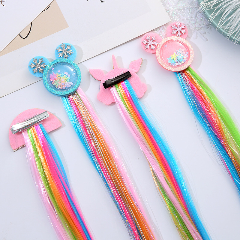 W10 Princess Children's wig hairpin, cute and adorable headwear, rainbow wings, unicorn, five-pointed star, mesh, bow, wig hairpin, girl, princess, trendy girl, wig with braid, hair band headwear detail image 12
