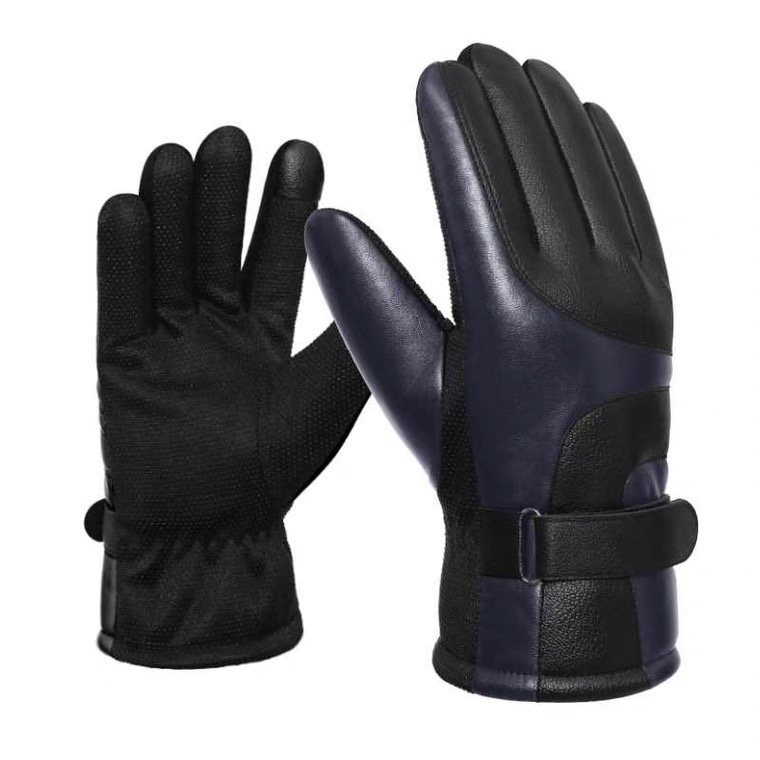 Leather gloves Winter male motorcycle riding electric bike winter riding with fleece thickened gloves plus cotton gloves