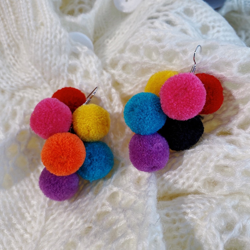Multiple plush ball colorful earrings, cute and sweet.