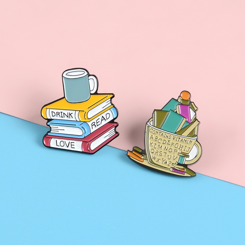 Fashion cartoon new cute book Coffee brooch Drinking love reading badge clothes lapel pin
