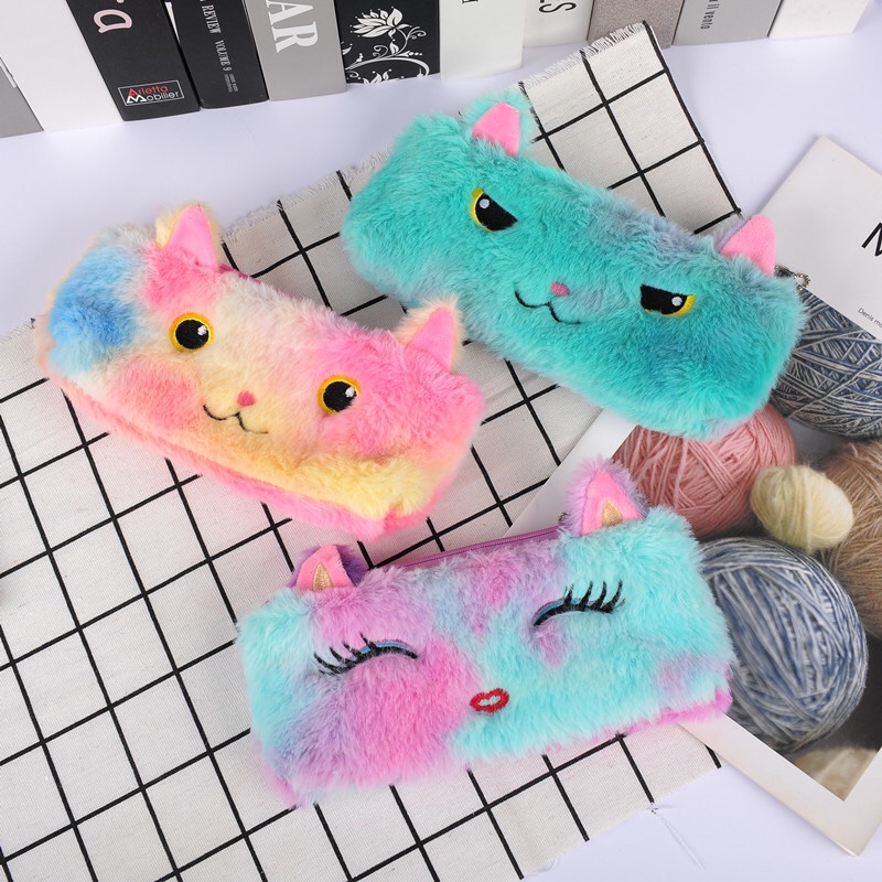 Colorful fur kitten plush pen bag student stationery