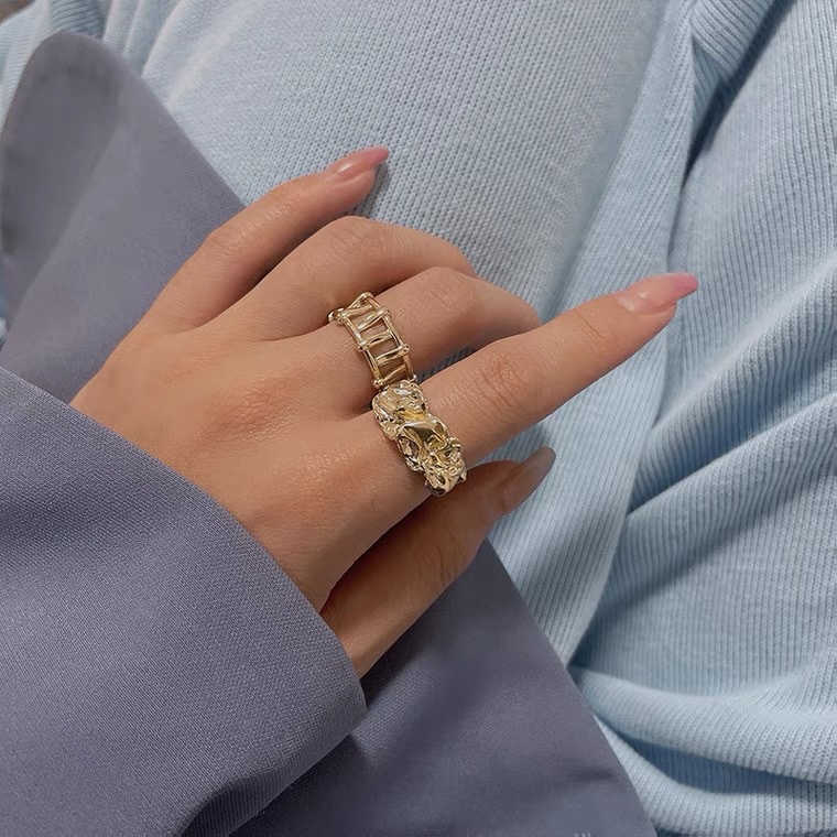 ins cool and stylish metal irregular ring two-piece set, a trendy and fashionable open-top index finger ring detail image 1