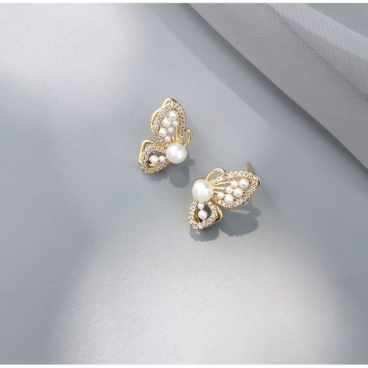 Micro-inset zircon butterfly pearl earrings, delicate and small. thumbnail