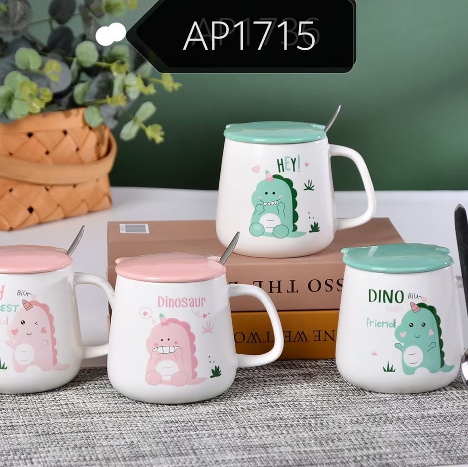 Ceramic water cup, a popular household and office cartoon ceramic cup with a lid, stainless steel spoon