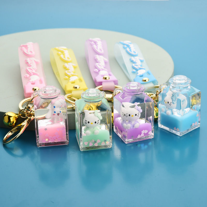 超可爱漂浮玉桂狗KT猫牛奶入油布丁狗方形瓶钥匙扣入油礼品玩具