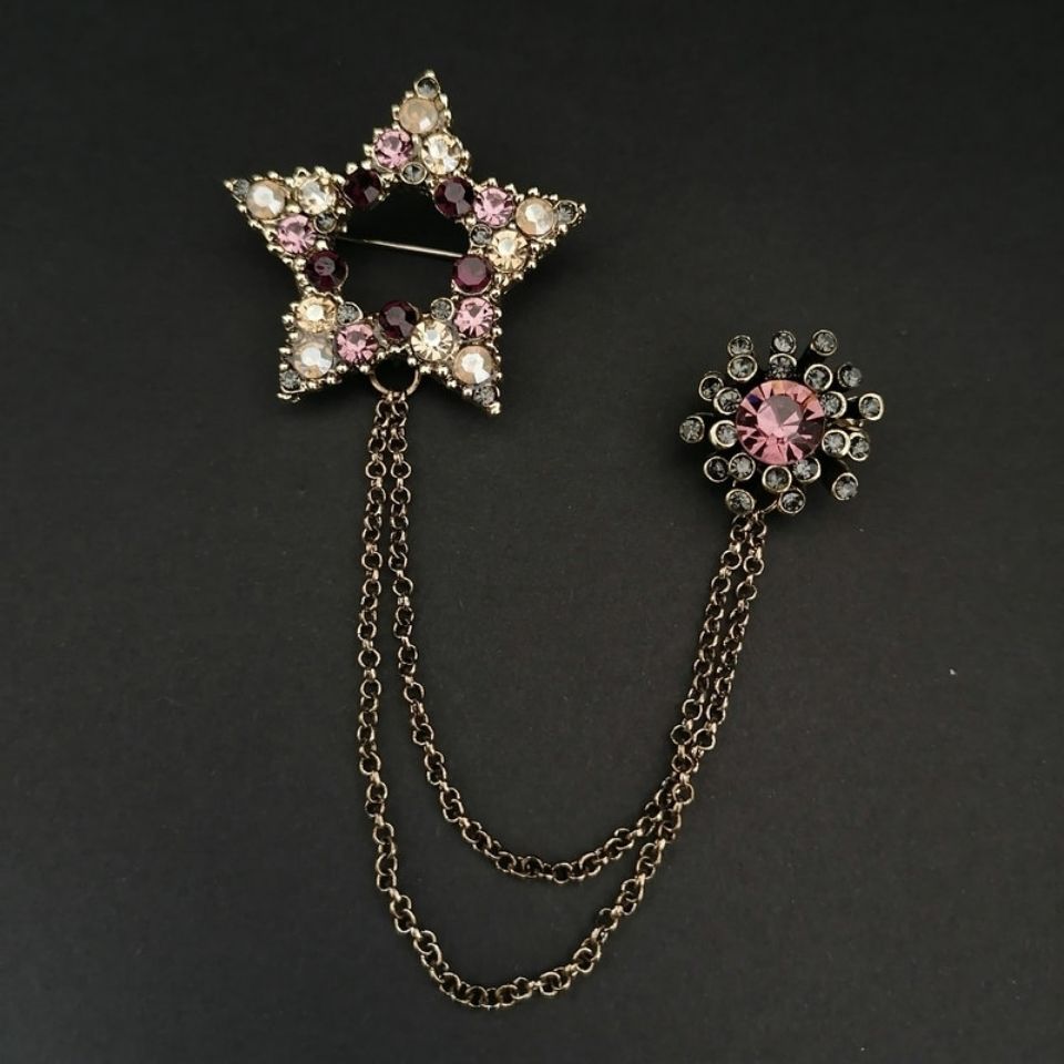Korean fashion Star with chain color diamond brooch coat suit jacket accessories
