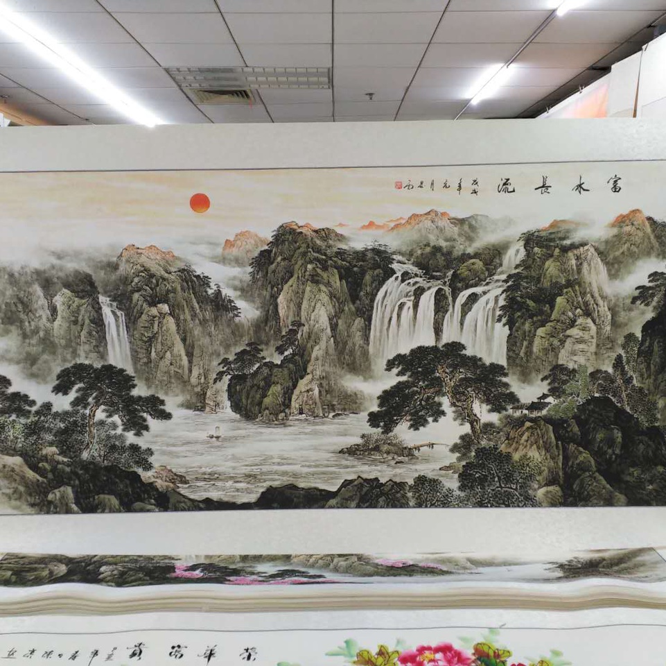 120x240 水印印刷山水富水长流中国画国画装修画大厅客厅传统文化