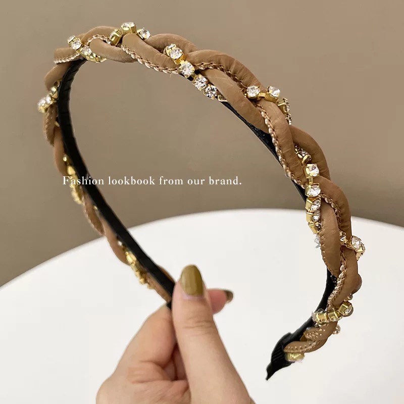 珍珠发箍 韩版仙女宽边网红压发发捆复古水钻褶皱洗脸蝴蝶结发箍 棕色麻花发箍