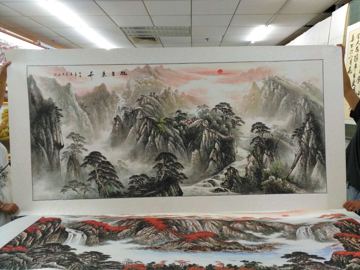 120x240 watermark printing: Landscape, rising sun, peach blossoms, Chinese painting, traditional Chinese painting decoration, hall, living room, traditional culture Specification image