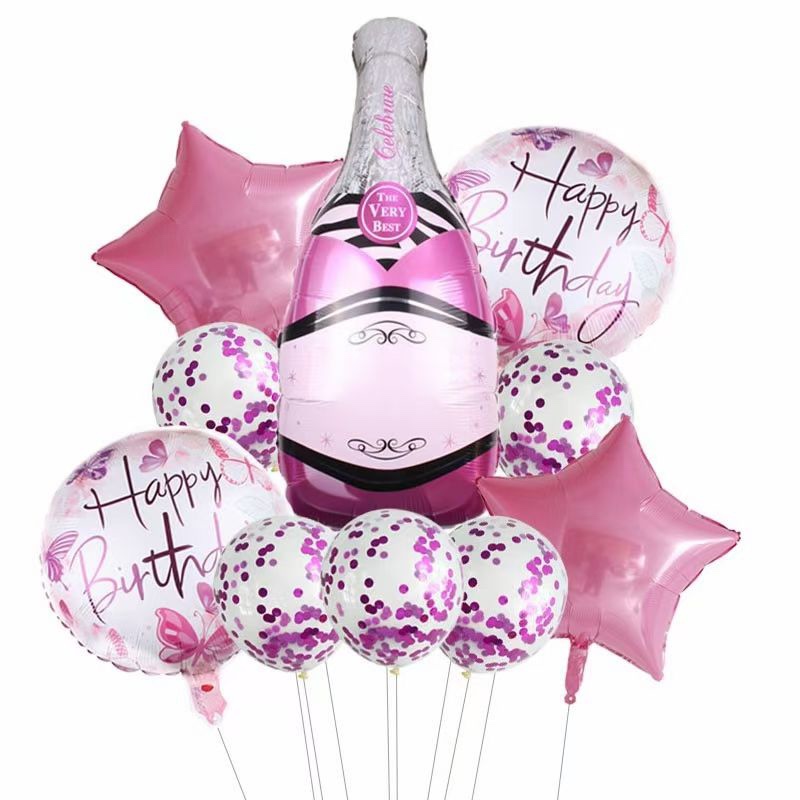 玫红色酒瓶组合10件套装铝膜气球 生日派对节日婚庆各种活动装饰用品 多款可选 可订做