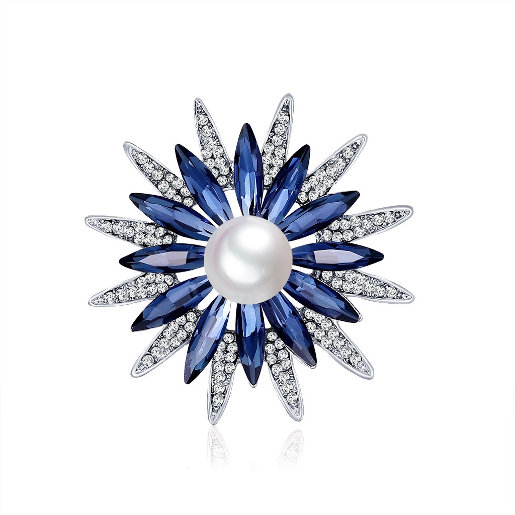 Korean flower Crystal Sun Flower Brooch Alloy Pearl rhinestone ladies pin fashion retro clothing accessories