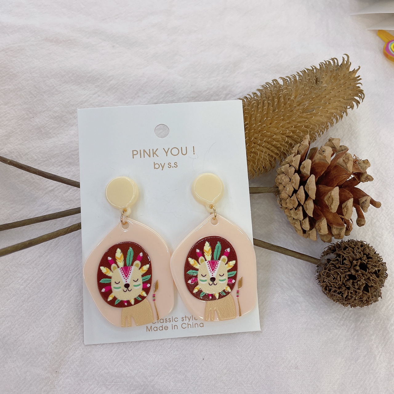 Korean version of anti-allergy oil painting style color flower earrings blue ins niche design sense acrylic countercolor earrings female savage dog
